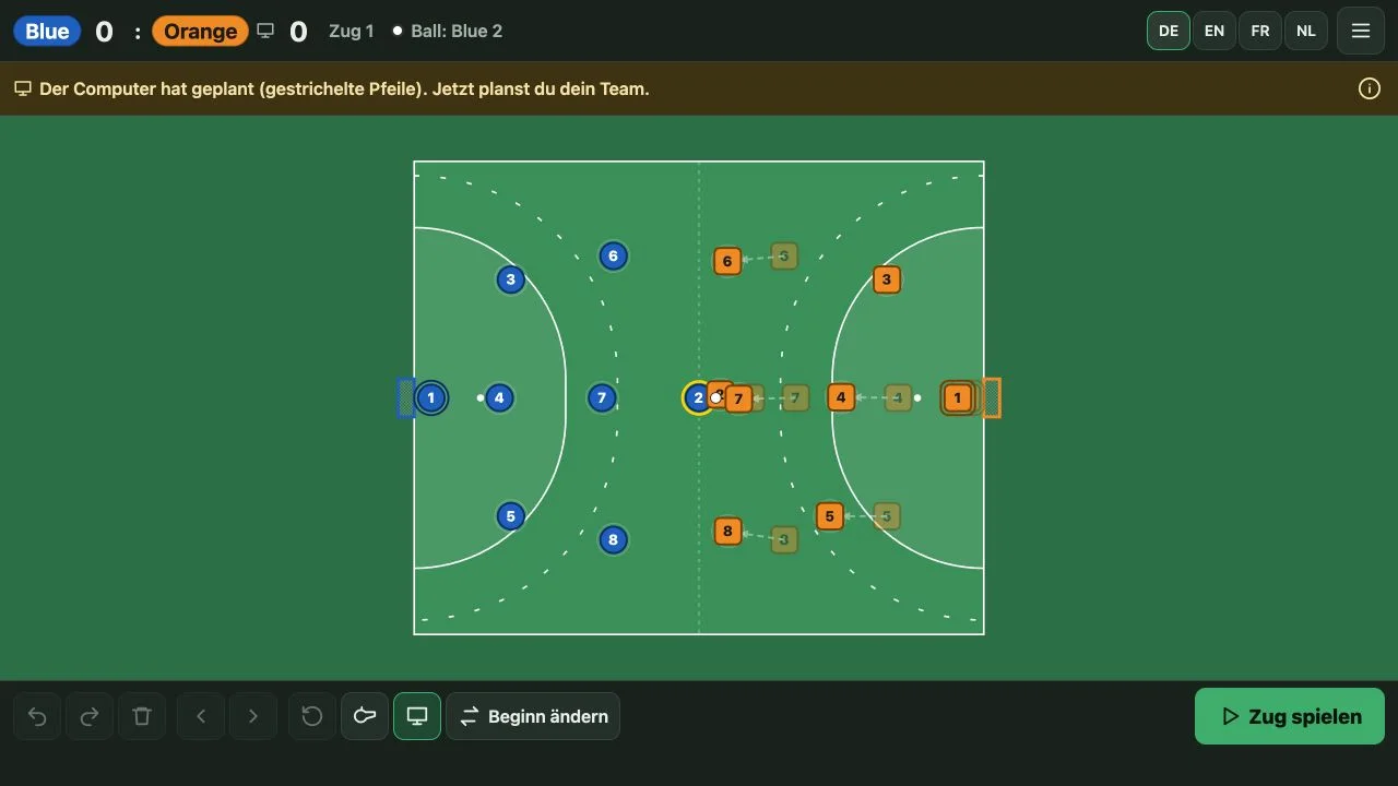 Hockey-Taktiktafel mit einer lokalen U10-Beispielpartie gegen den Computer.